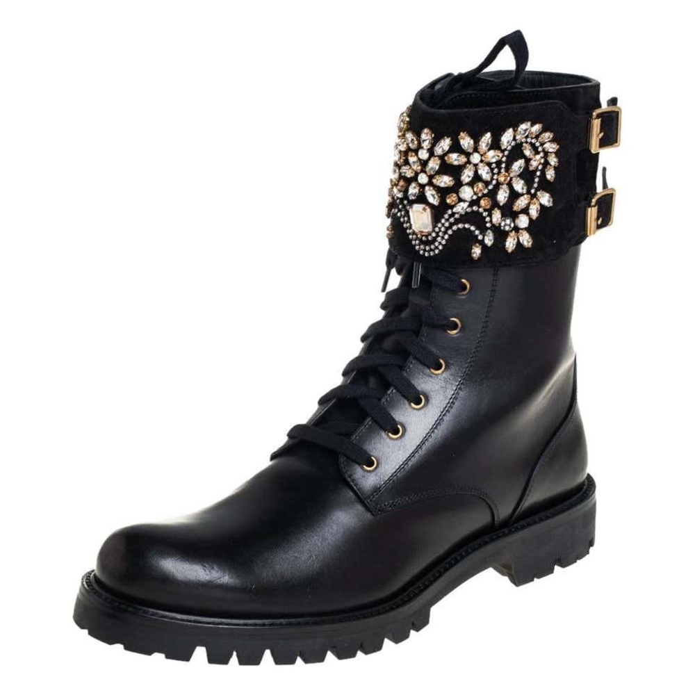 Rene Caovilla Black Leather Crystal Embellished Suede Combat Boots Size 36.5 6.5